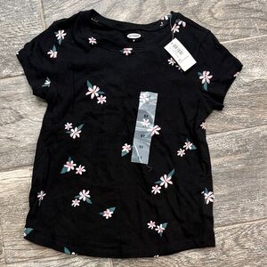 Old Navy Black Tee with Pink and White Floral Design